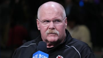 Feb 27, 2024; Indianapolis, IN, USA; Kansas City Chiefs coach Andy Reid on the CBS Sports set during the NFL Scouting Combine at Indiana Convention Center. Mandatory Credit: Kirby Lee-USA TODAY Sports 