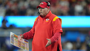 Nov 20, 2022; Inglewood, California, USA; Kansas City Chiefs head coach Andy Reid reacts against the Los Angeles Chargers in the first half at SoFi Stadium. Mandatory Credit: Kirby Lee-Imagn Images