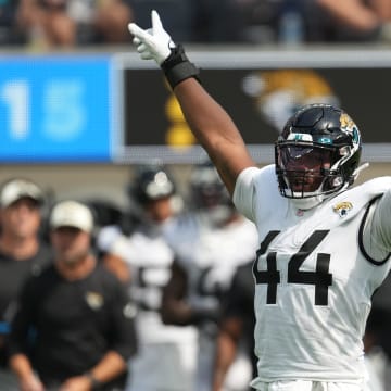 Sep 25, 2022; Inglewood, California, USA; Jacksonville Jaguars linebacker Travon Walker (44) celebrates against the Los Angeles Chargers in the first half at SoFi Stadium. Mandatory Credit: Kirby Lee-USA TODAY Sports