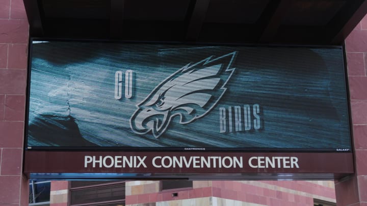 Feb 6, 2023, Phoenix, AZ, USA; A Philadelphia Eagles logo on the marquee sign at the Phoenix Convention Center. Mandatory Credit: Kirby Lee-USA TODAY Sports