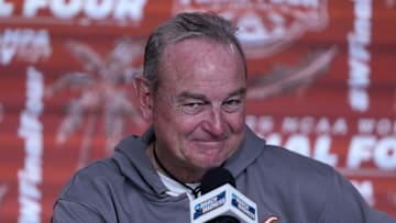 Apr 3, 2025; Tampa, FL, USA; Texas Longhorns coach Vic Schaefer reacts during a press conference at Amalie Arena. Mandatory Credit: Kirby Lee-Imagn Images