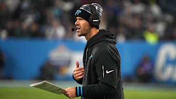 Nov 10, 2024; Munich, Germany; Carolina Panthers coach Dave Canales reacts in the second half against the New York Giants during the 2024 NFL Munich Game at Allianz Arena. Mandatory Credit: Kirby Lee-Imagn Images