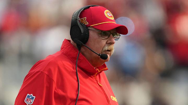 Sep 29, 2024; Inglewood, California, USA; Kansas City Chiefs coach Andy Reid looks on against the Los Angeles Chargers in the second half at SoFi Stadium. Mandatory Credit: Kirby Lee-Imagn Images