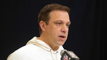 Feb 25, 2025; Indianapolis, IN, USA; Kansas City Chiefs general manager Brett Veach speaks during the NFL Scouting Combine at the Indiana Convention Center. Mandatory Credit: Kirby Lee-Imagn Images