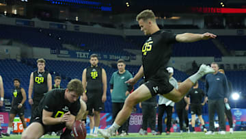 Baltimore Ravens kicker Tyler Loop attempts a field goal during his kicking workouts at the 2025 NFL Scouting Combine