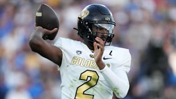 Oct 28, 2023; Pasadena, California, USA; Colorado Buffaloes quarterback Shedeur Sanders (2) throws the ball against the UCLA Bruins in the first half at Rose Bowl. Mandatory Credit: Kirby Lee-Imagn Images