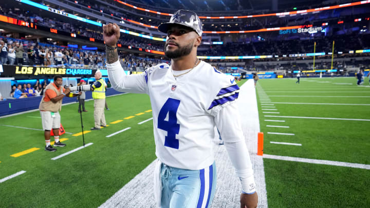 Inglewood, California, USA; Dallas Cowboys quarterback Dak Prescott (4) walks off the field after a preseason game against the Los Angeles Chargers at SoFi Stadium. 