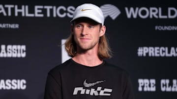 Jul 4, 2025; Eugene, OR, USA; Cole Hocker (USA) at the 50th Prefontaine Classic press conference at the Graduate Hotel Eugene. Mandatory Credit: Kirby Lee-Imagn Images
