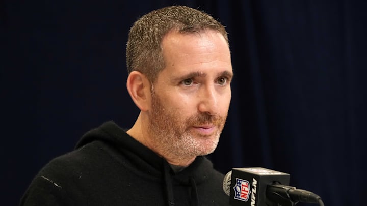 Feb 25, 2025; Indianapolis, IN, USA; Philadelphia Eagles general manager Howie Roseman speaks during the NFL Scouting Combine at the Indiana Convention Center. Mandatory Credit: Kirby Lee-Imagn Images