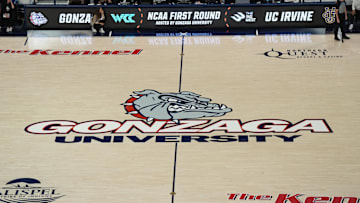 Mar 23, 2024; Spokane, Washington, USA; The Gonzaga Bulldogs logo at center court at McCarthey Athletic Center. Mandatory Credit: Kirby Lee-Imagn Images