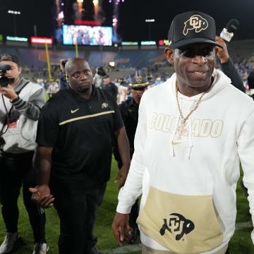 Oct 28, 2023; Pasadena, California, USA; Colorado Buffaloes head coach Deion Sanders leaves the field after the game against the UCLA Bruins at Rose Bowl. UCLA defeated Colorado 28-16. Mandatory Credit: Kirby Lee-USA TODAY Sports