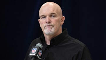 Feb 27, 2025; Indianapolis, IN, USA; Washington Commanders coach Dan Quinn speaks during the 2025 NFL Scouting Combine at the Indiana Convention Center. Mandatory Credit: Kirby Lee-Imagn Images