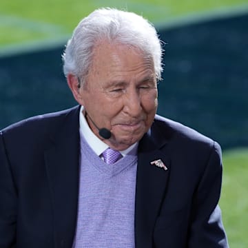 Jan 1, 2024; Pasadena, CA, USA; Lee Corso on the ESPN College Gameday set at the 2024 Rose Bowl college football playoff semifinal game at Rose Bowl. 