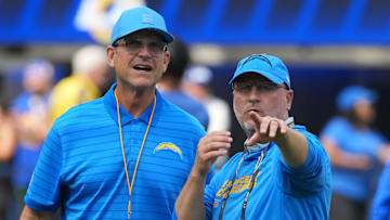Chargers head coach Jim Harbaugh and GM Joe Hortiz