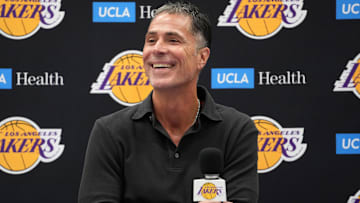 Sep 25, 2024; El Segundo, CA, USA; Los Angeles Lakers general manager Rob Pelinka at press conference at UCLA Health Training Center. Mandatory Credit: Kirby Lee-Imagn Images