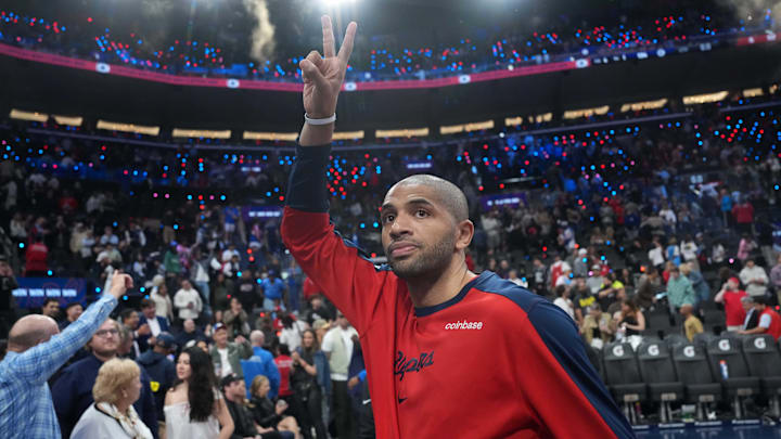 Apr 9, 2025; Inglewood, California, USA; LA Clippers forward Nicolas Batum (33) reacts after the game against the Houston Rockets at the Intuit Dome. Mandatory Credit: Kirby Lee-Imagn Images