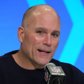 Feb 27, 2024; Indianapolis, IN, USA; Baltimore Ravens general manager Eric DeCosta speaks during a press conference during the NFL Scouting Combine at Indiana Convention Center. Mandatory Credit: Kirby Lee-Imagn Images