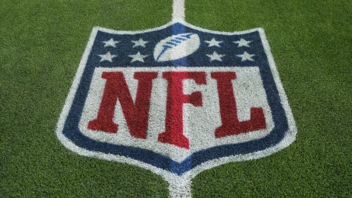 Dec 3, 2023; Inglewood, California, USA; The NFL shield logo on the field at SoFi Stadium. Mandatory
