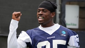 Jul 22, 2025; Oxnard, CA, USA; Dallas Cowboys cornerback Andrew Booth (25) during training camp at the River Ridge Fields. Mandatory Credit: Kirby Lee-Imagn Images