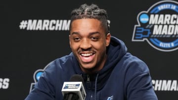 Mar 27, 2024; Los Angeles, CA, USA; North Carolina Tar Heels forward Armando Bacot during a press conference prior to NCAA Tournament at West Regional at Crypto.com Arena. Mandatory Credit: Kirby Lee-USA TODAY Sports