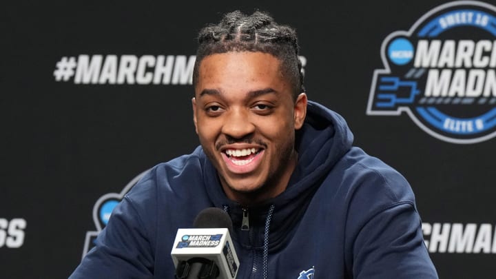 Mar 27, 2024; Los Angeles, CA, USA; North Carolina Tar Heels forward Armando Bacot during a press conference prior to NCAA Tournament at West Regional at Crypto.com Arena. Mandatory Credit: Kirby Lee-USA TODAY Sports