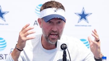 Jul 27, 2025; Oxnard, CA, USA; Dallas Cowboys coach Brian Schottenheimer at training camp press conference at the River Ridge Fields. Mandatory Credit: Kirby Lee-Imagn Images