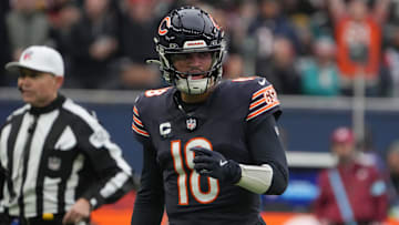 Oct 13, 2024; London, United Kingdom; Chicago Bears quarterback Caleb Williams (18) celebrates after a touchdown against the Jacksonville Jaguars in the second half during an NFL International Series game at Tottenham Hotspur Stadium. Mandatory Credit: Kirby Lee-Imagn Images