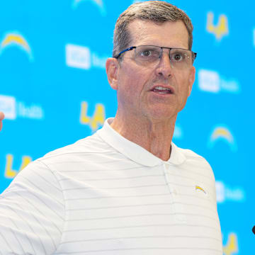 Los Angeles Chargers coach Jim Harbaugh during press conference at The Bolt. 
