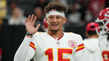 Oct 27, 2024; Paradise, Nevada, USA; Kansas City Chiefs quarterback Patrick Mahomes (15) reacts against the Las Vegas Raiders in the first half at Allegiant Stadium. Mandatory Credit: Kirby Lee-Imagn Images
