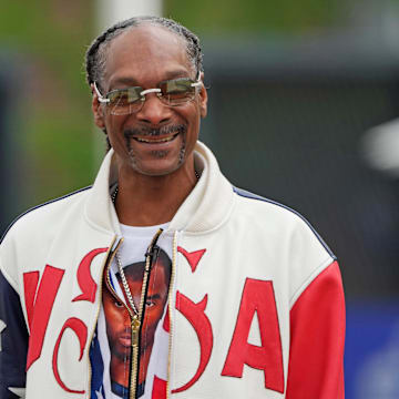 Jun 23, 2024; Eugene, OR, USA; Snoop Dogg watches during the US Olympic Team Trials at Hayward Field. Mandatory Credit: Kirby Lee-Imagn Images