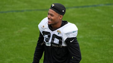 Oct 4, 2023; Ware, United Kingdom; Jacksonville Jaguars wide receiver Jamal Agnew (39) reacts during practice at Hanbury Manor Marriott Hotel. Mandatory Credit: Kirby Lee-Imagn Images