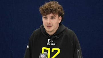 Feb 26, 2025; Indianapolis, IN, USA; Alabama place kicker James Burnip (PK02) during the 2025 NFL Scouting Combine at the Indiana Convention Center. Mandatory Credit: Kirby Lee-Imagn Images