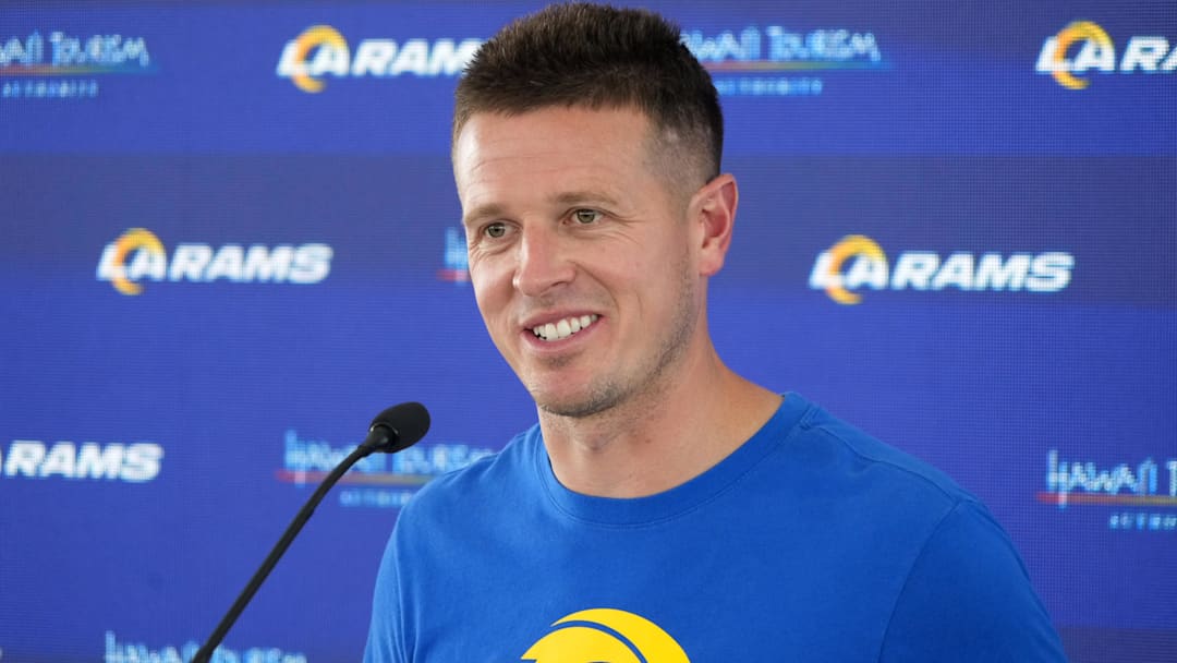 Jun 3, 2025; Woodland Hills, CA, USA; Los Angeles Rams offensive coordinator Mike LaFleur at press conference during organized team activities at Rams Practice Facility. Mandatory Credit: Kirby Lee-Imagn Images