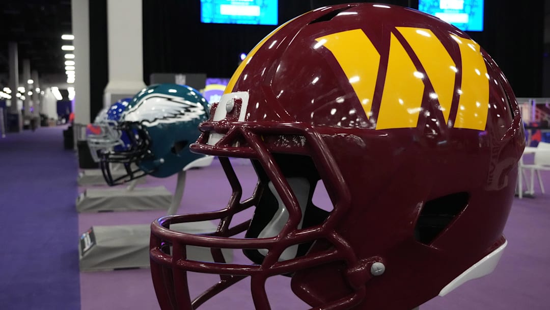 Feb 9, 2024; Las Vegas, NV, USA; A large Washington Commanders helmet at the NFL Experience at the Mandalay Bay South Convention Center. Mandatory Credit: Kirby Lee-Imagn Images