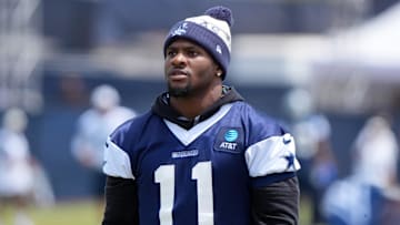 Jul 26, 2025; Oxnard, CA, USA; Dallas Cowboys defensive end Micah Parsons (11) at training camp at the River Ridge Fields. Mandatory Credit: Kirby Lee-Imagn Images