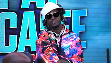 Feb 9, 2023; Phoenix, AZ, USA; Adam Jones aka Pacman Jones on the Pac McAfee show on the FanDuel set on radio row at the Super Bowl LVII media center at the Phoenix Convention Center. Mandatory Credit: Kirby Lee-Imagn Images