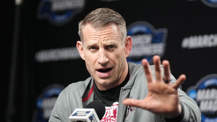 Mar 27, 2024; Los Angeles, CA, USA; Alabama Crimson Tide coach Nate Oats during a press conference prior to NCAA Tournament at West Regional at Crypto.com Arena. Mandatory Credit: Kirby Lee-Imagn Images