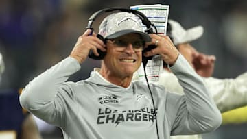 Nov 25, 2024; Inglewood, California, USA; Los Angeles Chargers coach Jim Harbaugh reacts against the Baltimore Ravens in the first half at SoFi Stadium. Mandatory Credit: Kirby Lee-Imagn Images