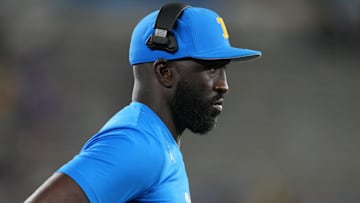 Sep 14, 2024; Pasadena, California, USA; UCLA Bruins head coach DeShaun Foster watches from the sidelines in the second half against the Indiana Hoosiers at Rose Bowl. Mandatory Credit: Kirby Lee-Imagn Images