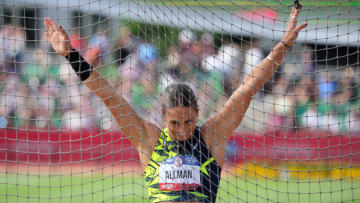 Jun 27, 2024; Eugene, OR, USA; Valarie Allman celebrates after winning the women's discus with a throw of 232-0 during the US Olympic Team Trials at Hayward Field. Mandatory Credit: Kirby Lee-USA TODAY Sports