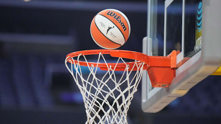 Aug 15, 2024; Los Angeles, California, USA; A WNBA official Wilson Evo NXT basketball approaches the rim and net at Crypto.com Arena. Mandatory Credit: Kirby Lee-Imagn Images Aug 15, 2024; Los Angeles, California, USA; A WNBA official Wilson Evo NXT basketball approaches the rim and net at Crypto.com Arena. Mandatory Credit: Kirby Lee-Imagn Images