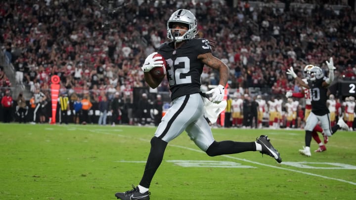 Aug 23, 2024; Paradise, Nevada, USA; Las Vegas Raiders wide receiver Tyreik McAllister (32) scores on an 81-yard punt return against the San Francisco 49ers in the first half at Allegiant Stadium. Mandatory Credit: Kirby Lee-USA TODAY Sports