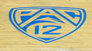 Nov 30, 2023; Los Angeles, California, USA; The Pac-12 Conference logo on the court at Pauley Pavilion presented by Wescom. Mandatory Credit: Kirby Lee-Imagn Images