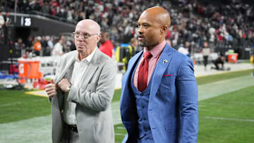 Dec 16, 2024; Paradise, Nevada, USA; Atlantic Falcons chief executive officer Rich McKay (left) and general manager Terry Fontenot leave the field after the game against the Las Vegas Raiders at Allegiant Stadium. Mandatory Credit: Kirby Lee-Imagn Images