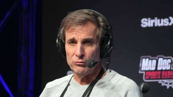 Feb 6, 2024; Las Vegas, NV, USA; Chris Russo on the SiriusXM Mad Dog Sports Radio set on radio row at the Super Bowl 58 media center at the Mandalay Bay resort and casino. Mandatory Credit: Kirby Lee-USA TODAY Sports