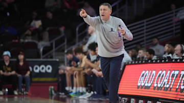 Penn State Nittany Lions head coach MIke Rhoades reacts against the Southern California Trojans in the second half at Galen Center. 