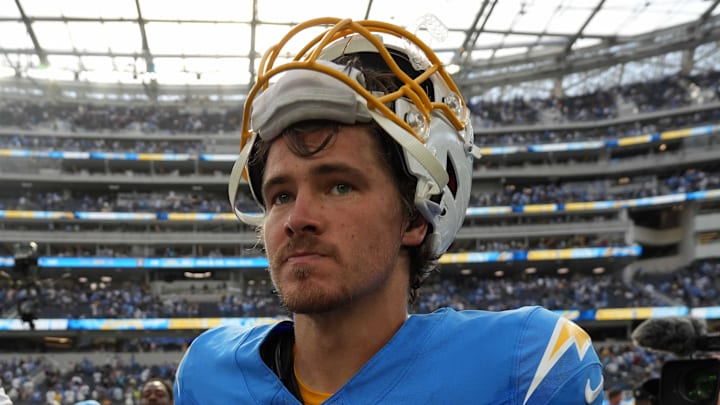 Sep 8, 2024; Inglewood, California, USA; Los Angeles Chargers quarterback Justin Herbert (10) reacts after the game against the Las Vegas Raiders at SoFi Stadium. Mandatory Credit: Kirby Lee-Imagn Images