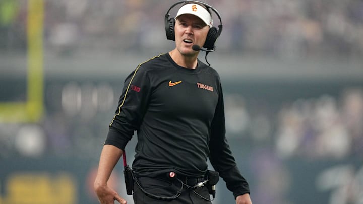 Sep 1, 2024; Paradise, Nevada, USA; Southern California Trojans head coach Lincoln Riley reacts in the first half against the LSU Tigers at Allegiant Stadium. Mandatory Credit: Kirby Lee-Imagn Images