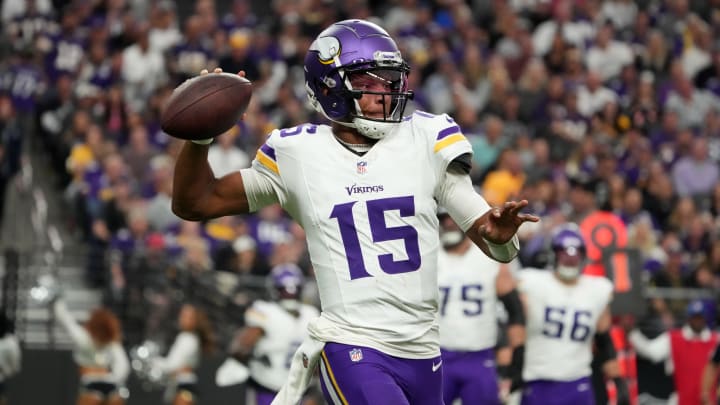 Dec 10, 2023; Paradise, Nevada, USA; Minnesota Vikings quarterback Joshua Dobbs (15) throws the ball Dec 10, 2023; Paradise, Nevada, USA; Minnesota Vikings quarterback Joshua Dobbs (15) throws the ball