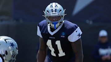 Jul 26, 2025; Oxnard, CA, USA; Dallas Cowboys defensive end Donovan Ezeiruaku (41) at training camp at the River Ridge Fields. Mandatory Credit: Kirby Lee-Imagn Images